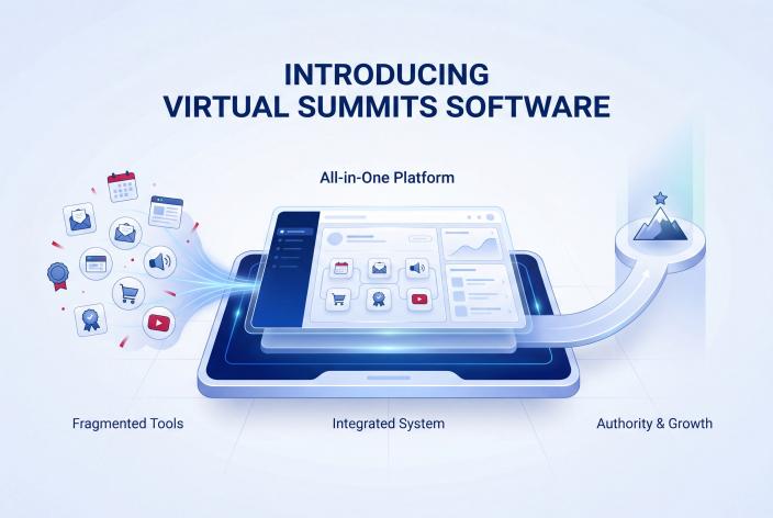 Feature graphic for Introducing Virtual Summits Software. Run your summit without stitching 15 tools together, from pages and speakers to schedules, bonuses, emails, sponsors, and sales.
