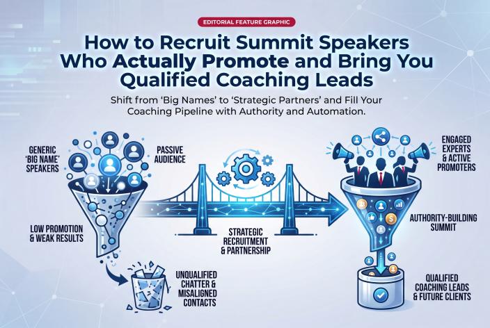 Feature graphic for How to Recruit Summit Speakers Who Actually Promote and Bring You Qualified Coaching Leads. Learn how to recruit summit speakers who promote, build authority, and bring qualified coaching leads into your pipeline.