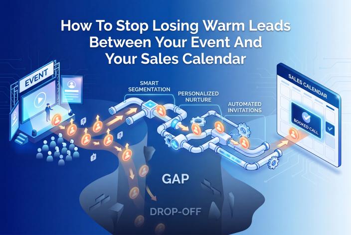 Feature graphic for How To Stop Losing Warm Leads Between Your Event And Your Sales Calendar. Learn how to keep warm event leads moving from registration to nurture to booked sales conversations.