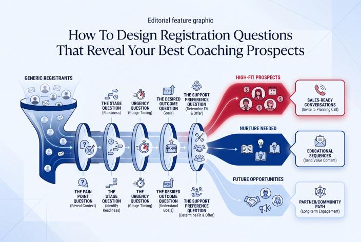Feature graphic for How To Design Registration Questions That Reveal Your Best Coaching Prospects. Learn how to write registration questions that reveal fit, urgency, and follow-up opportunities before the sales call.