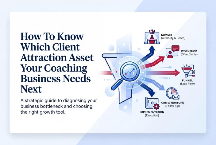Feature graphic for How To Know Which Client Attraction Asset Your Coaching Business Needs Next. Learn how to choose the right next client attraction asset for your coaching business based on your real bottleneck.