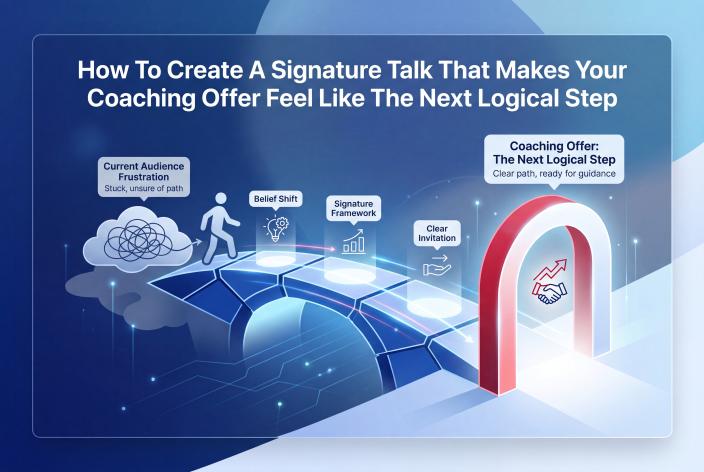 Feature graphic for How To Create A Signature Talk That Makes Your Coaching Offer Feel Like The Next Logical Step. Learn how to build a signature talk that teaches generously and naturally guides right-fit prospects toward your coaching offer.