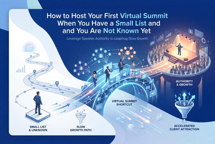 Feature graphic for How to Host Your First Virtual Summit When You Have a Small List and You Are Not Known Yet. You don't need a huge list to host a virtual summit that builds your authority and supports your client attraction path.