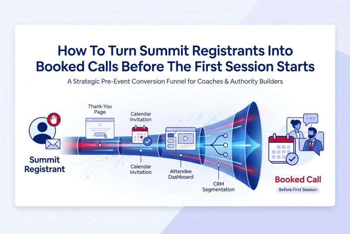 Feature graphic for How To Turn Summit Registrants Into Booked Calls Before The First Session Starts. Learn how to turn summit registrations into warmer booked calls before your virtual event even begins.