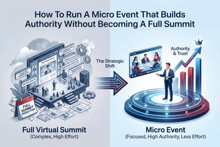 Feature graphic for How To Run A Micro Event That Builds Authority Without Becoming A Full Summit. Learn how coaches can use small virtual events to build authority, grow trust, and create qualified client conversations.