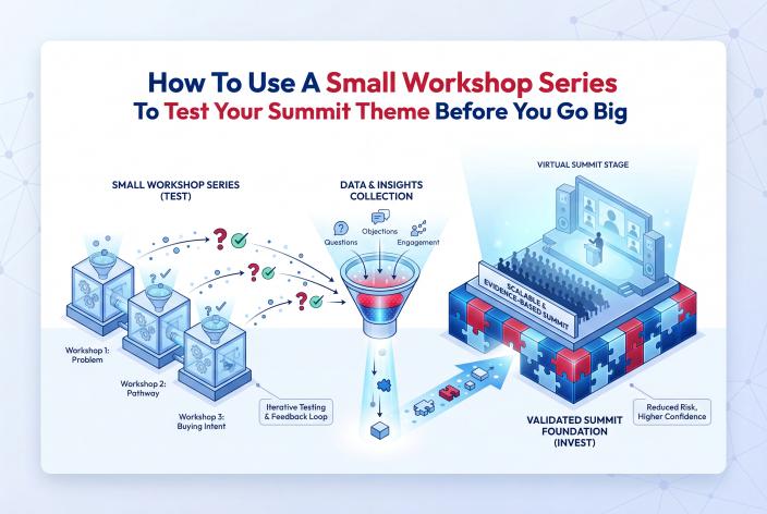Feature graphic for How To Use A Small Workshop Series To Test Your Summit Theme Before You Go Big. Test your summit theme with a small workshop series before investing in a larger virtual event.