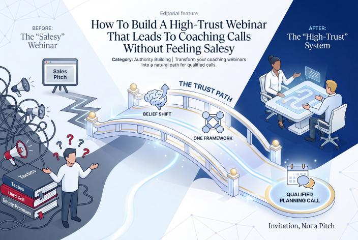 Feature graphic for How To Build A High-Trust Webinar That Leads To Coaching Calls Without Feeling Salesy. Build a high-trust coaching webinar that teaches clearly, creates belief, and leads naturally to qualified planning calls.