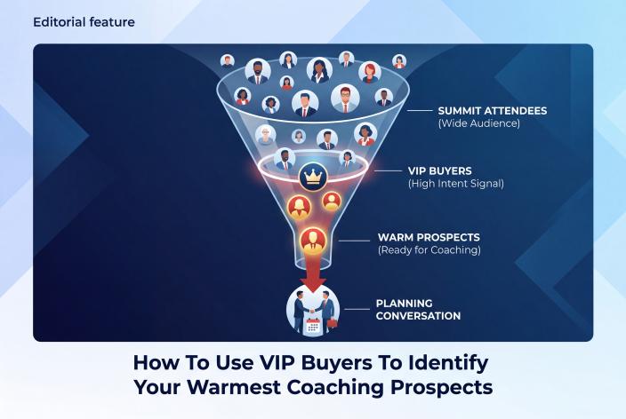 Feature graphic for How To Use VIP Buyers To Identify Your Warmest Coaching Prospects. Learn how VIP buyers reveal warmer coaching prospects and how to guide them from event purchase to qualified conversation.