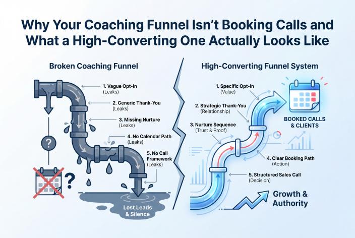 Feature graphic for Why Your Coaching Funnel Isn't Booking Calls and What a High-Converting One Actually Looks Like. Discover why your coaching funnel collects leads but never books calls, and see what a high-converting funnel built for coaches actually looks like.