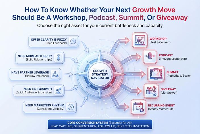 Feature graphic for How To Know Whether Your Next Growth Move Should Be A Workshop, Podcast, Summit, Or Giveaway. Choose the right growth asset for your coaching business based on your audience, offer, bandwidth, partners, and follow-up.
