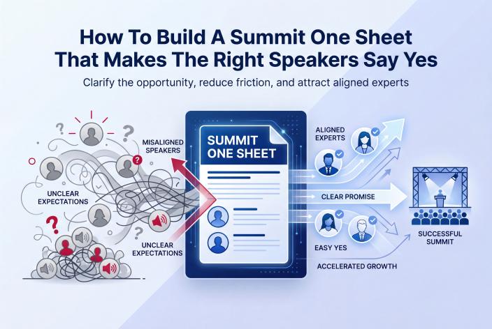 Feature graphic for How To Build A Summit One Sheet That Makes The Right Speakers Say Yes. Create a summit one sheet that attracts aligned speakers, clarifies expectations, and reduces messy speaker coordination.