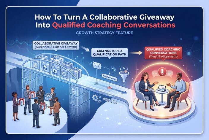 Feature graphic for How To Turn A Collaborative Giveaway Into Qualified Coaching Conversations. Learn how coaches can use collaborative giveaways to grow an aligned audience and turn interest into qualified conversations.