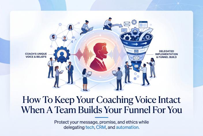 Feature graphic for How To Keep Your Coaching Voice Intact When A Team Builds Your Funnel For You. Protect your coaching voice while delegating funnel, CRM, event, and follow-up implementation to a trusted team.