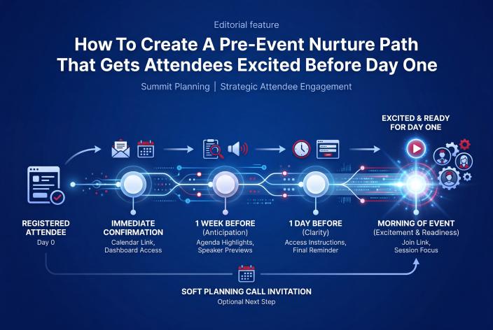 Feature graphic for How To Create A Pre-Event Nurture Path That Gets Attendees Excited Before Day One. Learn how to warm up summit attendees before day one with reminders, agenda pages, dashboard messaging, and thoughtful follow-up.