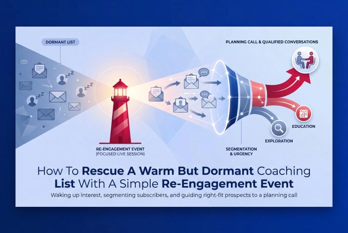 Feature graphic for How To Rescue A Warm But Dormant Coaching List With A Simple Re-Engagement Event. Use a simple re-engagement event to wake up a dormant coaching list and restart qualified conversations.