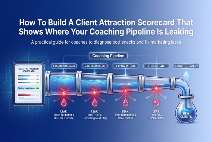 Feature graphic for How To Build A Client Attraction Scorecard That Shows Where Your Coaching Pipeline Is Leaking. Learn how to diagnose coaching pipeline leaks with a practical client attraction scorecard.