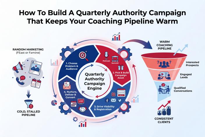 Feature graphic for How To Build A Quarterly Authority Campaign That Keeps Your Coaching Pipeline Warm. Plan one focused quarterly campaign that builds authority, captures leads, nurtures trust, and creates better coaching conversations.