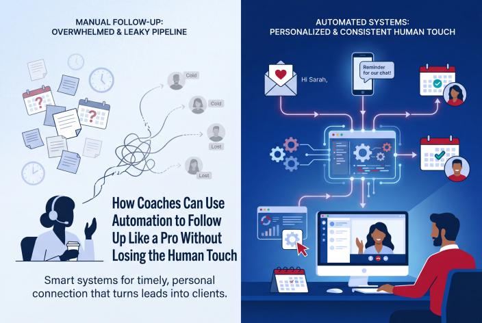 Feature graphic for How Coaches Can Use Automation to Follow Up Like a Pro Without Losing the Human Touch. Smart follow-up automation helps coaches convert more leads and book more calls without sounding robotic or chasing prospects manually.