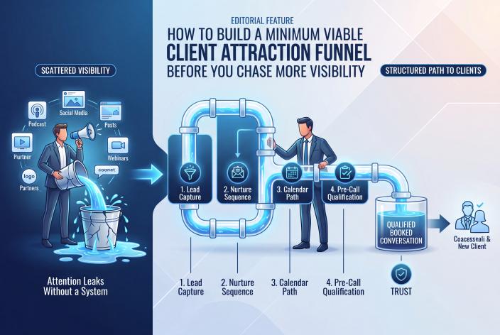 Feature graphic for How To Build A Minimum Viable Client Attraction Funnel Before You Chase More Visibility. Build the smallest funnel that turns coach visibility into trust, follow-up, and qualified planning calls.