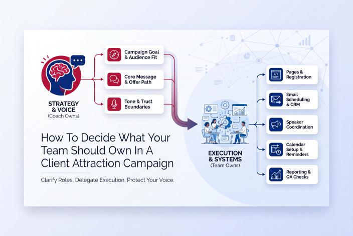 Feature graphic for How To Decide What Your Team Should Own In A Client Attraction Campaign. Learn what to own, delegate, and systemize so your next client attraction campaign runs with less chaos and stronger follow-up.