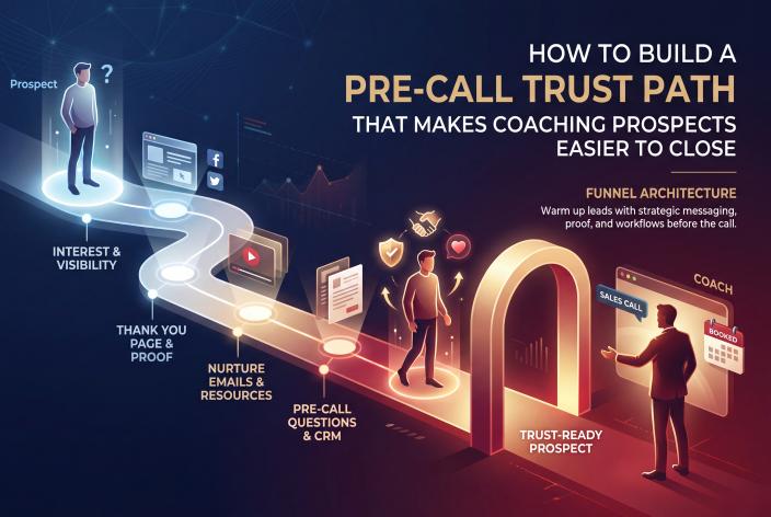 Feature graphic for How To Build A Pre-Call Trust Path That Makes Coaching Prospects Easier To Close. Learn how to warm up coaching prospects before the sales call with better messaging, follow-up, proof, and CRM workflows.