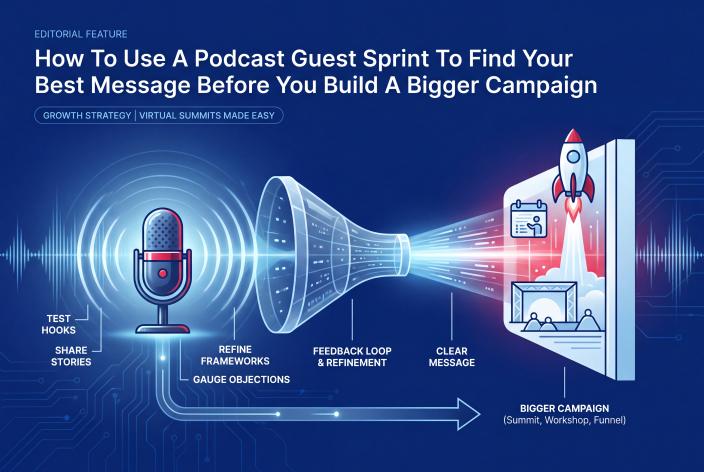 Feature graphic for How To Use A Podcast Guest Sprint To Find Your Best Message Before You Build A Bigger Campaign. Use a focused podcast guest sprint to test your coaching message before building a bigger campaign.