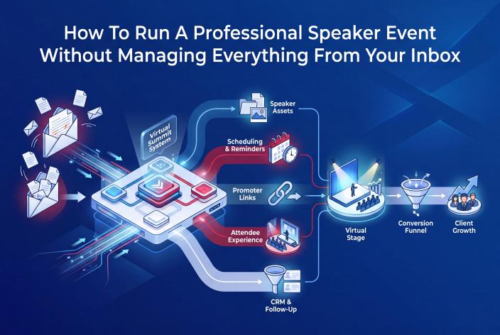 Feature graphic for How To Run A Professional Speaker Event Without Managing Everything From Your Inbox. Learn how to run a smoother speaker event with organized assets, reminders, promoter links, follow-up, and less inbox chaos.