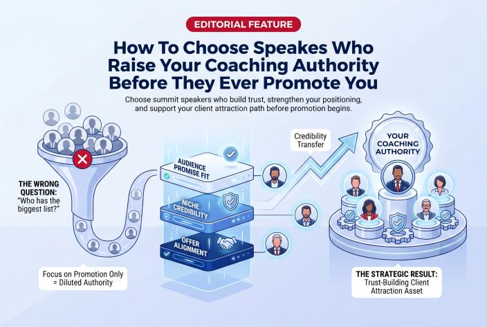 Feature graphic for How To Choose Speakers Who Raise Your Coaching Authority Before They Ever Promote You. Choose summit speakers who build trust, strengthen your positioning, and support your client attraction path before promotion begins.